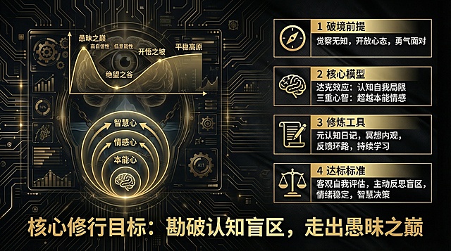 参考图1的黑金科技风格，生成16:9尺寸的剑心通明境·愚妄勘破阶详情图，画面左侧呈现达克效应曲线与三重心智模型的可视化图形，右侧分模块排版破境前提、核心模型、修炼工具、达标标准等文字内容，突出勘破认知盲区、走出愚昧之巅的核心修行目标