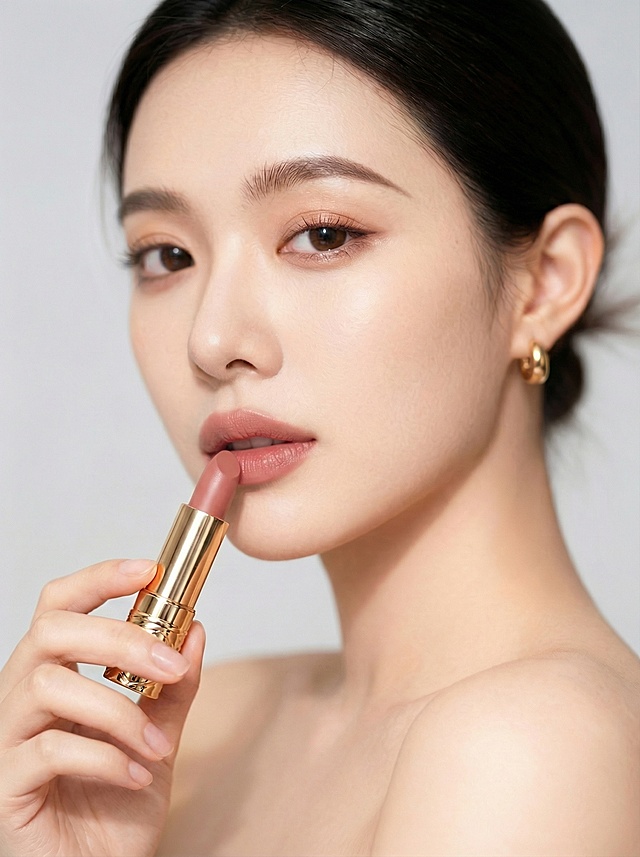将图1中的口红颜色替换为图2中的裸粉色，同时将模特的唇色也调整为同款裸粉色，保持画面的高级简约美妆氛围