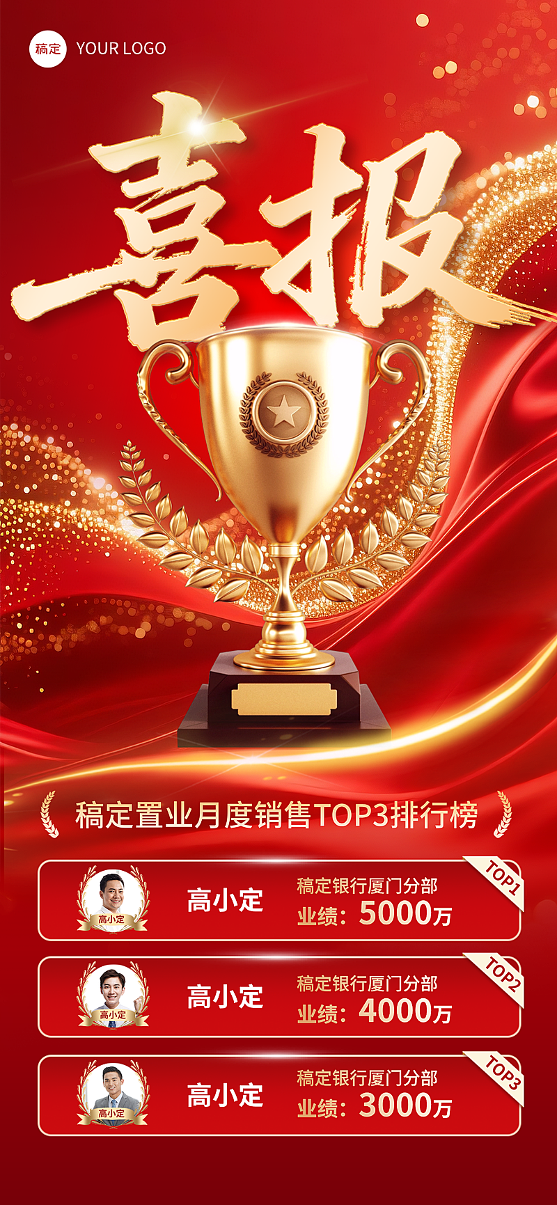 鎏金喜庆感奖杯房地产销售业绩排行榜TOP全屏竖版海报