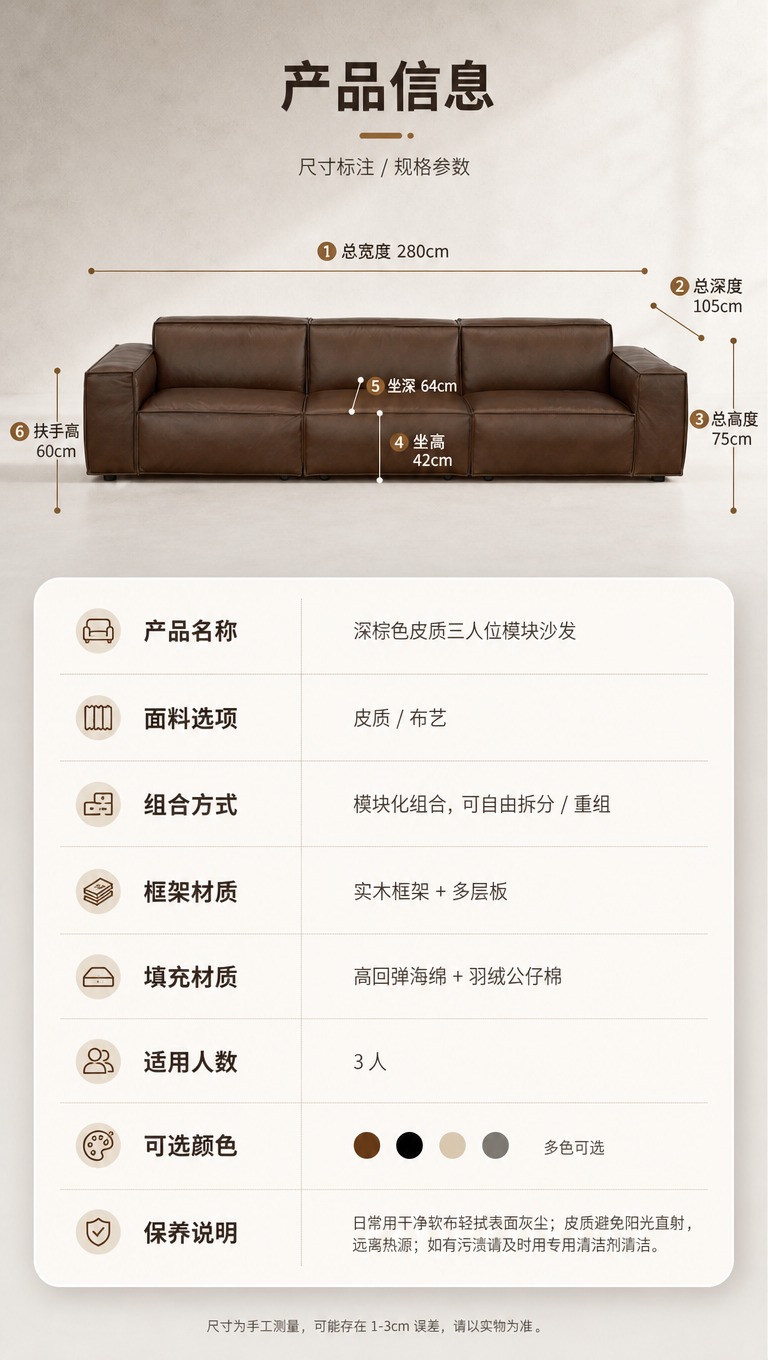 [商品] 使用【图1】深棕色皮质三人位模块沙发；保留方正箱体结… - 图片创意预览