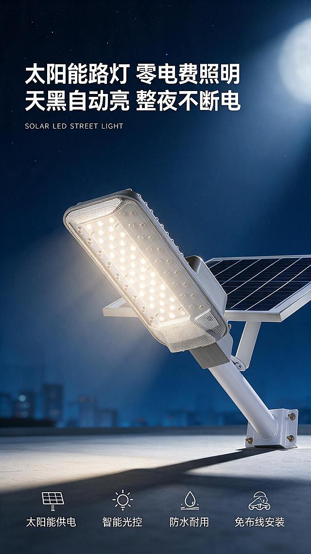 [第1屏] 详情页头图-太阳能LED户外路灯新品宣传海报。本屏使用【图1】作为商品主体。
[氛围/风格] 科技工业风，深蓝夜空户外场景，金属质感，商业摄影级高清质感，专业五金建材视觉。
[元素布局] 路灯产品置于画面右侧中部，占比约55%-60%，保持产品物理结构、比例轮廓、灯珠排列、太阳能板角度、白色支架与输入产品图完全一致；左侧为标题区，背景为深蓝色渐变夜空，远处有城市建筑剪影和星空点缀，底部有浅灰色地面平台；画面中可增加柔和的光束效果从灯头射出，体现照明功能。
[光影质感] 右上方主光源模拟月光，灯头处有暖白色发光效果，产品金属表面有清晰高光，底部有自然投影，整体明暗层次分明，突出产品立体感。
[配色色系] 全局底色 #0A2463（深蓝夜空渐变）；主色银灰金属色+白色灯体；辅助色暖黄光、浅蓝科技光；点缀色橙色高亮标签。
[视角构图] 45°斜侧微仰视，产品为视觉中心，阅读动线左上标题 → 右侧产品 → 底部卖点信息条。
[文字版式] 版式为左上标题区 + 右侧产品 + 底部横向卖点条。主标题「太阳能路灯 零电费照明」，副标题「天黑自动亮 整夜不断电」，两行粗黑体左对齐，白色字；主标题下方有小字英文装饰「SOLAR LED STREET LIGHT」；底部横向排列4个卖点图标+文字：「太阳能供电」「智能光控」「防水耐用」「免布线安装」，每个配简约线性图标；文字不遮挡产品主体。
[比例分辨率] 9:16 竖版比例，2K分辨率，文字清晰可辨，高清画质。
[负向提示词] 产品变形，灯珠数量错误，太阳能板形状错误，支架结构错误，颜色偏差，水印，文字错乱，产品图模糊，背景杂乱，缺件错件。