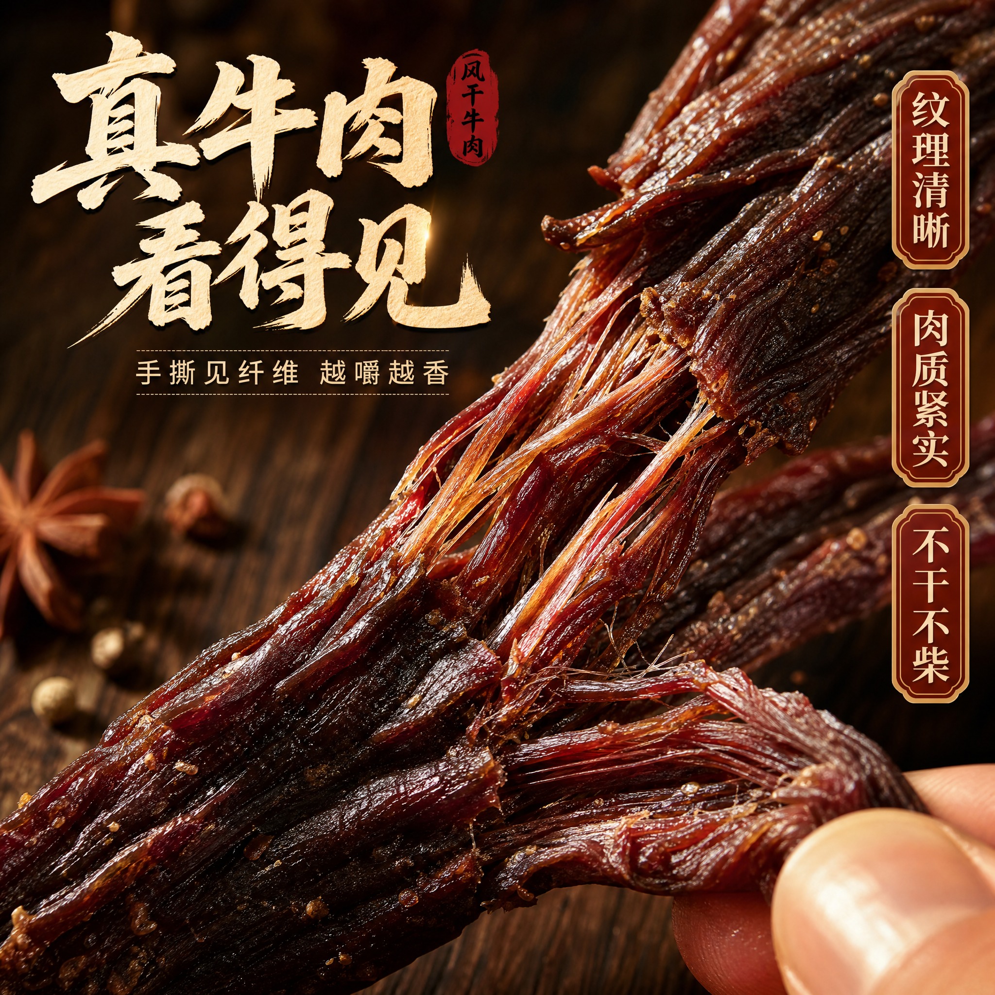 [主图-3] 细节与成分微观种草，微距展示风干牛肉干的纤维纹理… - 图片创意预览