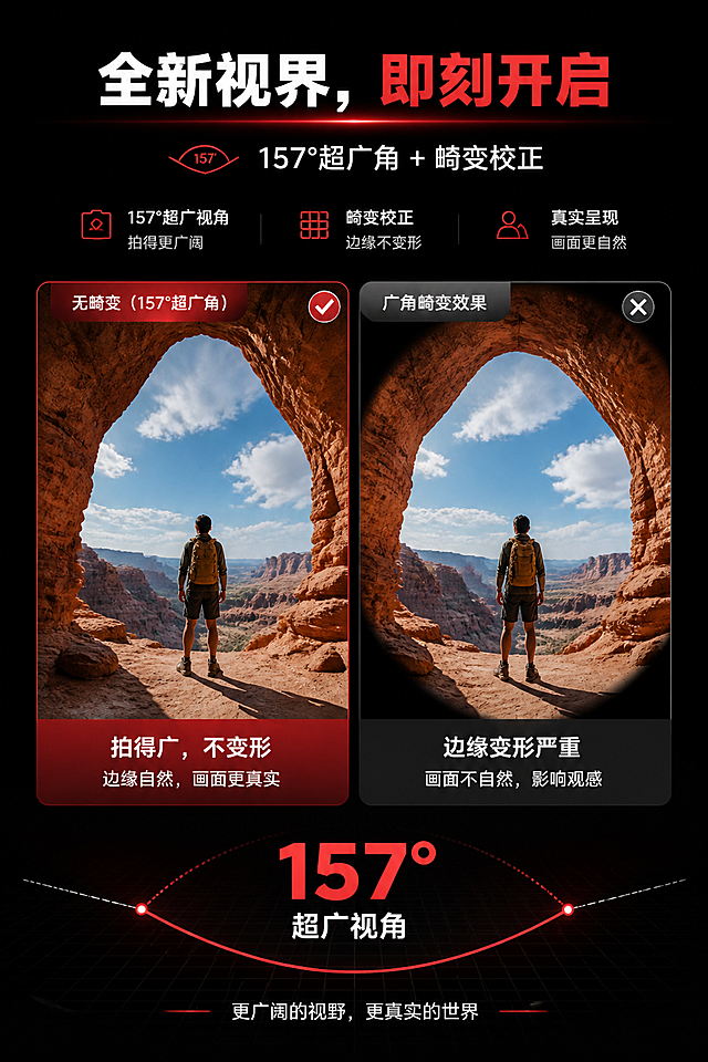 详情页视角卖点模块，标题 "全新视界，即刻开启"，展示157°超广角+畸变校正功能，左右对比图（无畸变vs广角畸变效果），标注视角范围 "157°超广视角"，搭配户外人像/风景实拍，突出拍得广、不变形的优势，简约科技风排版，黑红科技风，手机端竖版，文字清晰无错误，排版专业