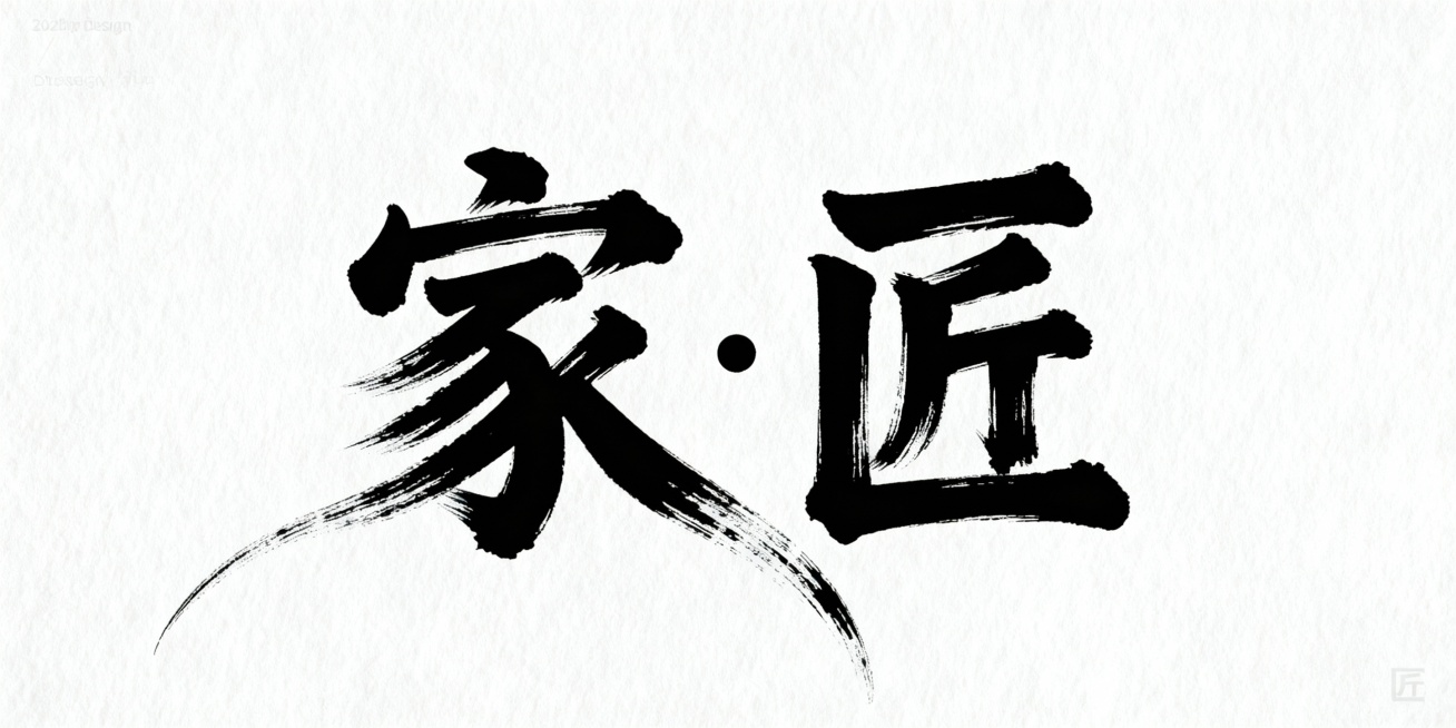 文艺手写字体“家·匠”，毛笔手写风格，极强的艺术写作风格，视觉震撼，笔画增加水墨笔刷效果，笔画巧妙延长设计变形，黑底白字预览效果