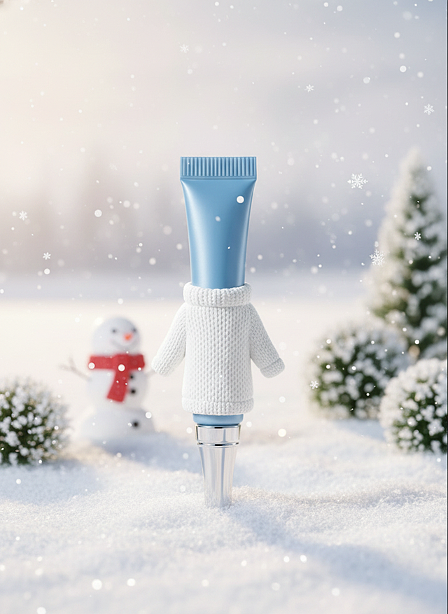 给商品穿上小毛衫，不能掩盖商品本身包装。雪地背景，装饰雪花、雪人、树木元素。