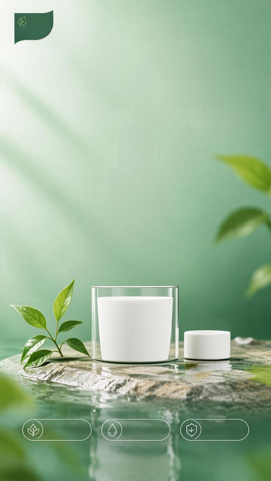 简约清新风格护肤品电商海报，绿色渐变背景，从浅薄荷绿到深翠绿的… - 图片创意预览