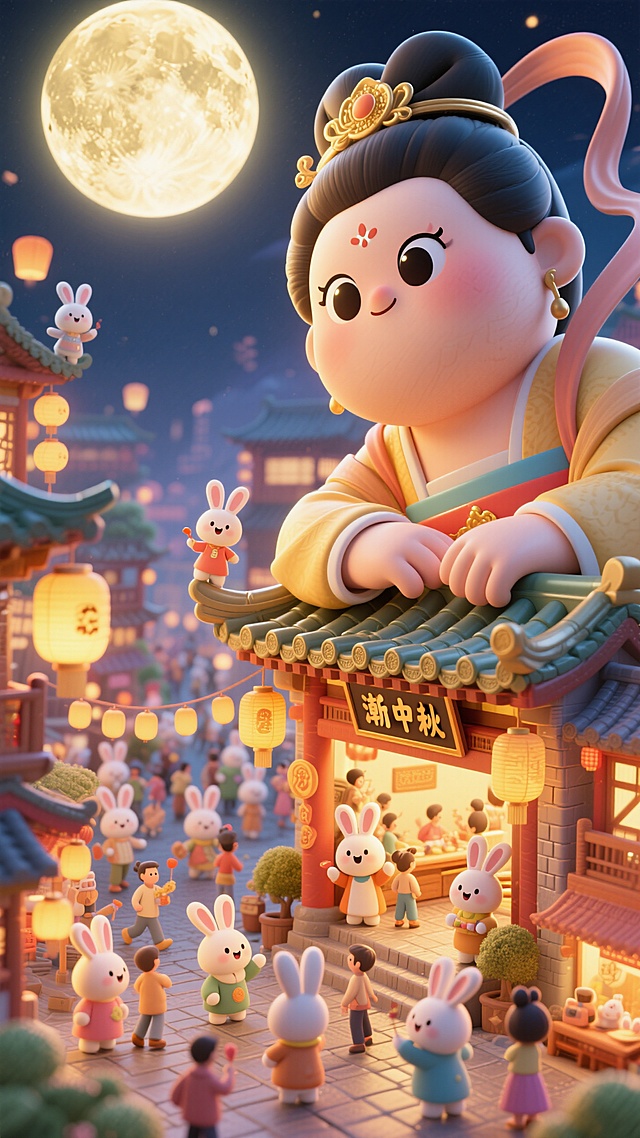 画面呈现金色调：巨人版胖嫦娥（看起来可爱又漂亮，大眼睛）脑袋侧枕着手臂从屋顶后探出，与下面的微缩的小兔国（熙熙攘攘的拟人兔子在繁华的街道过中秋节）互动，非常规的创意构图，中秋节庆的氛围，顶部硕大的月亮，