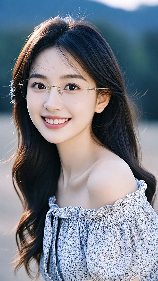 给图中的女主戴上第二张图的金色无框眼镜，保持无框眼镜的样式不变，保留原人物的长相、发型和服装