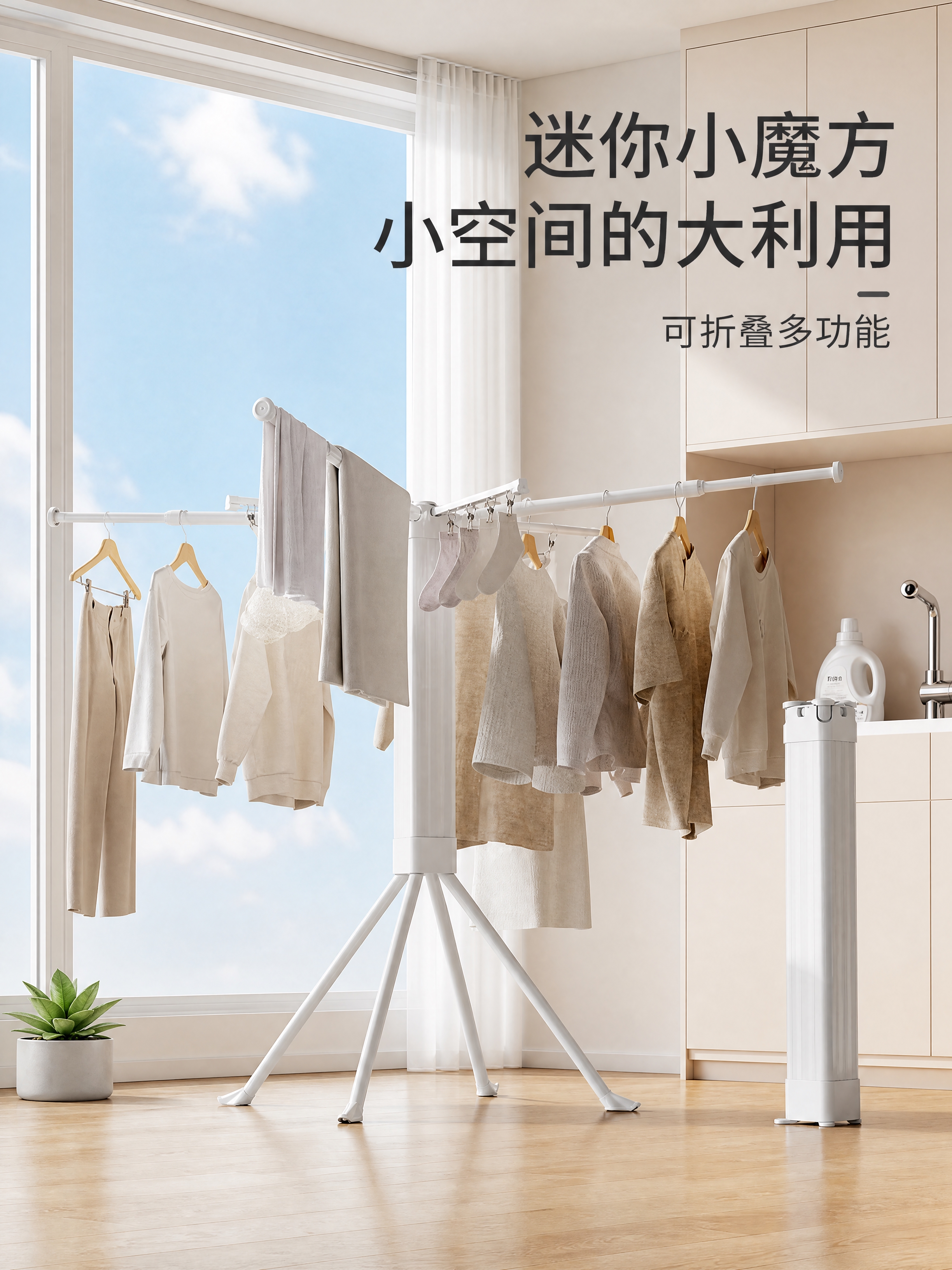 超写实室内空间摄影。 主体：白色折叠落地晾衣架严格参照上传产品… - 图片创意预览
