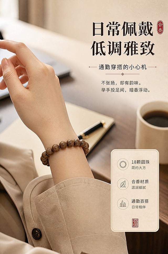 [商品] 使用【图1】棕色合香圆珠手串；保留18颗圆珠、棕褐色带斑点、圆珠形状比例；佩戴于亚洲女性手腕上，珠子大小与手腕比例真实自然。
[画面] 目标：日常佩戴效果展示，体现通勤百搭；构图：亚洲女性手部特写，手腕自然搭在米色风衣袖口上，手串位于画面中心偏左，占画面40%；景别：特写；背景虚化的办公室桌面（笔记本、咖啡杯）；阅读动线从左到右。
[视觉] 套系策略：风格=中式国风禅意商业摄影；标题字=宋体衬线粗体；正文字=简洁无衬线体；主色=暖棕木色；背景延展=基于暖棕做深浅层级、同色渐变、宣纸纹理与木质感；强调色=朱砂红，仅用于小面积印章、引线和标签；标题色=深棕黑；正文色=暖灰棕；组件=圆角浅棕信息卡、细线引线、中式印章元素；光影=窗边柔和自然光，暖调。
[文字] 右上主标题「日常佩戴 低调雅致」，副标题「通勤穿搭的小心机」，下方2行短文案：「不张扬，却有韵味。举手投足间，暗香浮动。」；全部横排中文。
[规格] 图片比例2:3竖版，分辨率4K，quality=medium，避免变形、错字、文字过小、手部比例失真、珠子颜色改变。