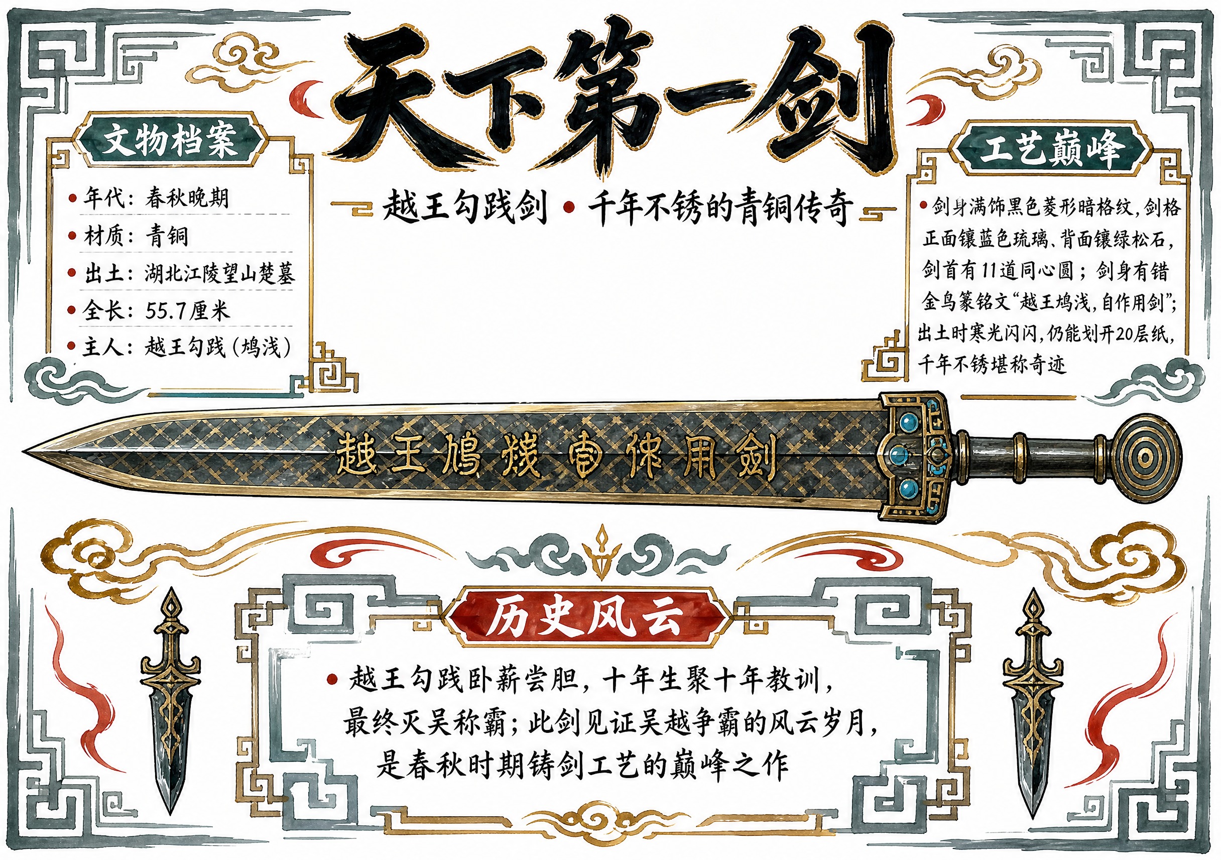 一张A4横版历史文物手抄报，主题为越王勾践剑，白底马克笔手绘风… - 图片创意预览