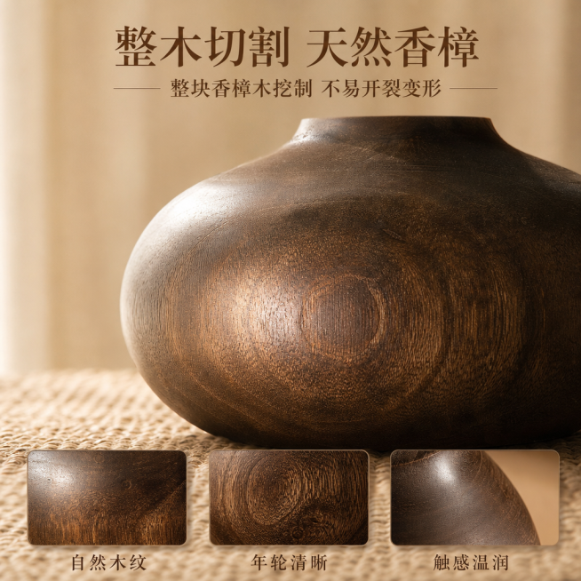 [第3屏] 细节解析屏，香樟木实木底座纹理特写。本屏使用【图1】作为主体，重点展示底座部分。
[氛围/风格] 微距写实风格，突出天然木材肌理，自然原生质感。
[元素布局] 画面主体为实木底座下半部分特预览效果