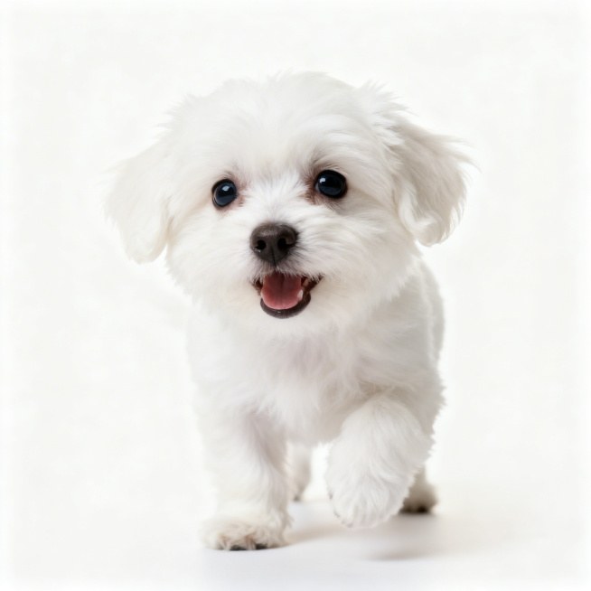 一只没有泪痕的白色小狗，体型标准，模样可爱俏皮，毛发蓬松干净，表情灵动活泼，背景干净柔和，整体治愈温馨预览效果