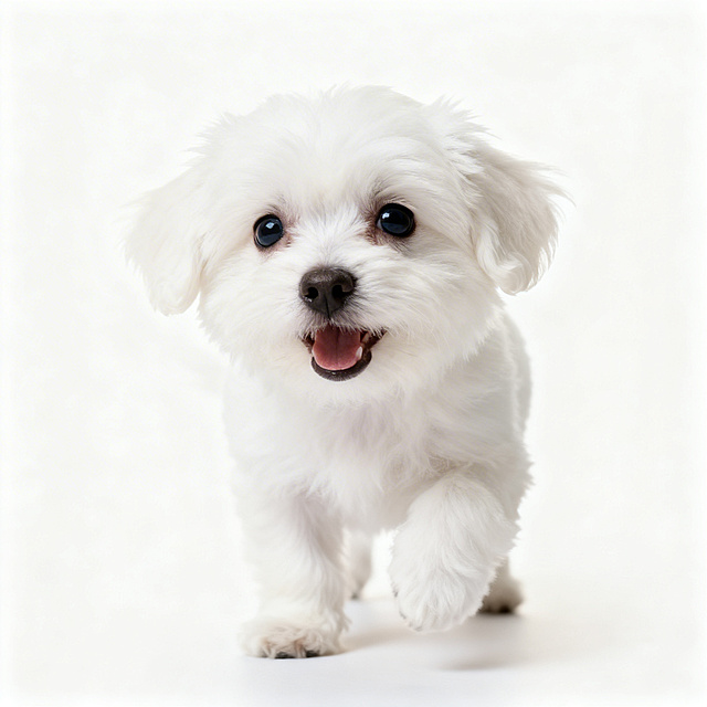 一只没有泪痕的白色小狗，体型标准，模样可爱俏皮，毛发蓬松干净，表情灵动活泼，背景干净柔和，整体治愈温馨