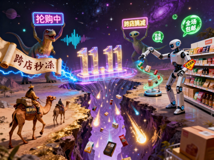 画面中央，一道扭曲的时空裂缝中涌出无数发光商品，如流星般坠入现实世界。裂缝边缘悬浮着“11.11”的立体全息投影，投影如呼吸般明暗闪烁。左侧，古代商队骑着骆驼穿越裂缝，骆驼背上驮着“限时秒杀”的丝绸卷预览效果