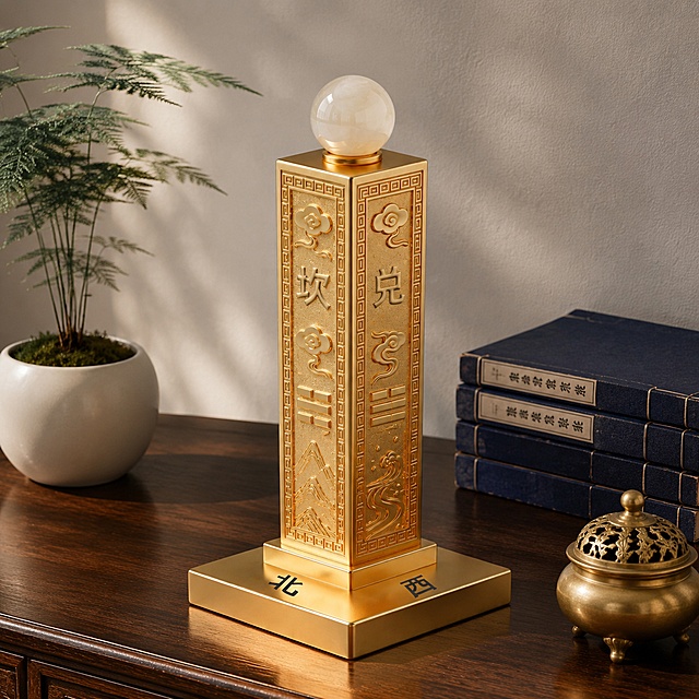 商业级产品摄影
主体：风水摆件严格参照上传产品图，完整保留所有可见组件、部件、轮廓、结构、比例、材质、颜色与产品本体上的文字信息，产品占画面60%~70%，完整不裁切，绝对主导，近景构图，产品本体上的浮雕、文字信息100%保留，清除产品本体之外的多余信息。
构图：三分构图，视角偏转30°平视。
风格：轻奢质感
场景概念：中式书房博古架展示区，上午柔光洒落的静谧时刻
承载与空间：①博古架台面，深色胡桃木，温润木质纹理；②背景，浅灰色硅藻泥墙面
陪衬物：①摆件左侧，一小盆文竹盆栽，白瓷花盆，哑光米白色；②摆件右后方，一小摞线装书籍，深蓝色布面装帧；③台面右角，一只小型黄铜香炉，哑光金色
配色：主色调60%胡桃棕，辅助色25%浅灰米白，点缀色15%鎏金，画面实际颜色：胡桃棕/浅灰/米白/鎏金
材质：胡桃木/黄铜/白陶瓷/宣纸纸面/玉晶石，画面实际材质：胡桃木/黄铜/陶瓷/石材/玉晶石
光影：主光从左侧斜前45°侧窗柔光照射，照亮摆件正面核心展示区，辅光为右侧墙面暖色反射补光，摆件边缘有柔和轮廓光，抛光金属本体呈现清晰高光，玉质顶珠呈现温润通透折射。
参数：4K 写实光追。严格锁定宽高比为 1:1。