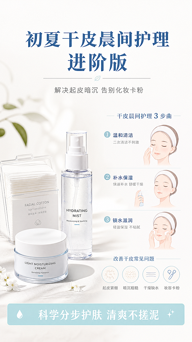 [第1屏] 详情页头图-初夏干皮晨间护理进阶教程宣传海报。本屏功能为课程首图宣传，吸引有干皮卡粉困扰的用户注意。
[氛围/风格] 干净清新专业护肤科普风，浅米白底色，柔和莫兰迪配色，简约高级，商业设计质感，整体通透舒适。
[元素布局] 顶部保留主标题区域，中间放置清新护肤场景：左侧摆放透明化妆棉、保湿喷雾、轻乳霜瓶身极简静物组合，右侧为舒适干皮护肤示意图，底部预留行动号召区域。所有物品摆放错落有序，主体课程标题清晰醒目，主体内容占据画面70%区域，四周留白舒适不拥挤。
[光影质感] 上方柔和主光均匀打亮整体画面，产品边缘保留自然浅阴影，整体明亮干净，清晰展示静物轮廓，光影通透无暗沉。
[配色色系] 全局底色：#F8F9FA（浅米白）；主体配色：#A8DADC（浅青蓝）+ #F5F1DE（米杏）+ #457B9D（深蓝标题）；辅助色：#1D3557（深灰文字）。
[视角构图] 中心对称构图，横向分层排版，上标题，中场景，下行动号召，阅读动线从上到下清晰流畅，景深适中，主体突出。
[文字版式] 顶部主标题："初夏干皮晨间护理 进阶版"，深蓝加粗，居中对齐，字号占画面宽度8%；主标题下方副标题："解决起皮暗沉 告别化妆卡粉"，浅灰常规字，居中对齐，字号约为主标题的40%；画面底部用浅青蓝信息条，信息条内白色文字号召"科学分步护肤 清爽不搓泥"，居中排布，不遮挡中间主体场景。所有文字清晰，移动端阅读舒适，字号适中，留白合理。
[比例分辨率] 9:16竖版比例，4K分辨率，文字清晰可辨，超高清。
[负向提示词] 变形，水印，文字错乱，颜色偏差，背景杂乱，画面拥挤，文字模糊，极端配色。