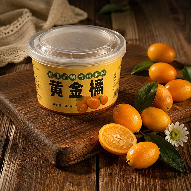 黄金橘塑料密封罐，严格参照上传产品图，完整保留所有可见组件、部件、轮廓形状、结构、比例、材质质感、颜色与产品文字信息（"黄金橘"、"精挑鲜制 传统美味"、"净含量：100克"）不变，将瓶子周边的金橘全部替换成图片2的椭圆形金橘，瓶身标签上的金橘无需改动。复古原木砧板场景，深棕色老榆木台面，暖调自然氛围。搭配几片新鲜带水珠的椭圆形金橘和一枝小雏菊，切开的金橘展示饱满果肉。主光从右侧斜45°入射，黄金逆光漫射氛围，产品受光面泛起暖木色、暗部映射深棕光晕，与环境物理融合。产品偏左位置，俯拍特写，微侧20°视角。空间布局：①产品放置在深棕色老榆木砧板中心偏左；②砧板右侧散落椭圆形金橘和带绿叶的小雏菊。配色/材质：深棕木色、暖橘金橘色、奶白花瓣；老榆木、鲜果布艺。消除多余文字。4K分辨率，严格锁定宽高比为 1:1。