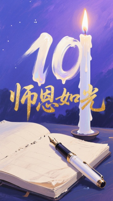 画面中心位置，一支精致的钢笔斜放在一本古朴的笔记本上。紧挨着钢笔的是一支正在燃烧的蜡烛，蜡烛为白色，烛身修长且光滑，表面仿佛能看到蜡油微微融化后流淌的痕迹。蜡烛的烛火呈现出独特的形态，巧妙地变形为数字预览效果