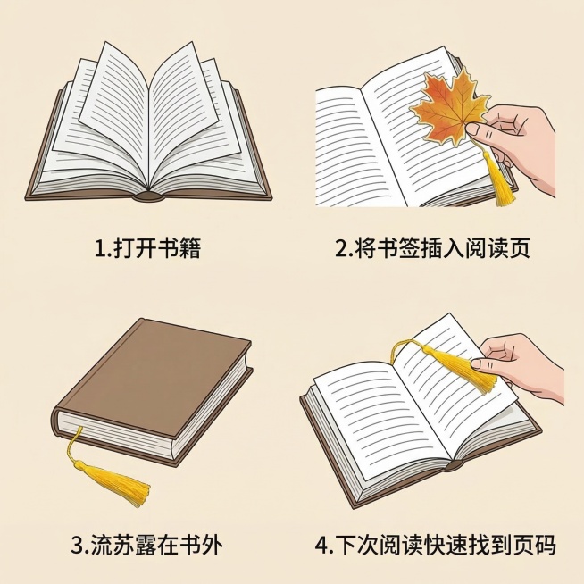 使用步骤图，4步清晰展示：1.打开书籍 2.将书签插入阅读页 3.流苏露在书外 4.下次阅读快速找到页码，每步配简洁文字说明，背景为浅米色预览效果