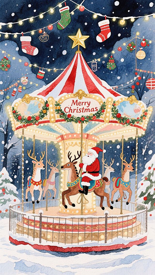 画面中心是一座红白条纹顶的旋转木马，装饰有金色星星与“Merry Christmas”花环，木马替换为驯鹿造型，圣诞老人坐在驯鹿上，背景是有圣诞装饰的雪夜。