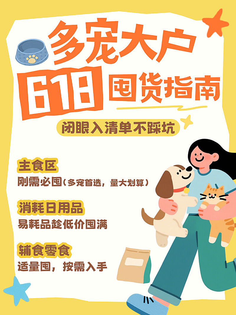 618年中宠物用品囤货指南卡通大字风小红书封面