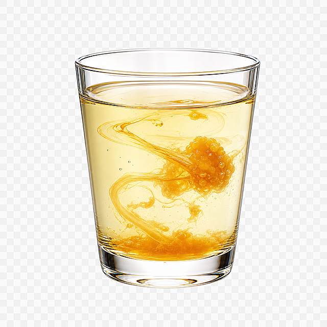 生成一个饮水机使用的蜂蜜水杯图标，透明玻璃杯中装有蜂蜜水，蜂蜜呈半溶解状态，拟物渲染，彩色，去掉背景底色，只保留透明玻璃杯和半溶解蜂蜜，不要包含其他任何设备，杯子尺寸和形状参考参考图