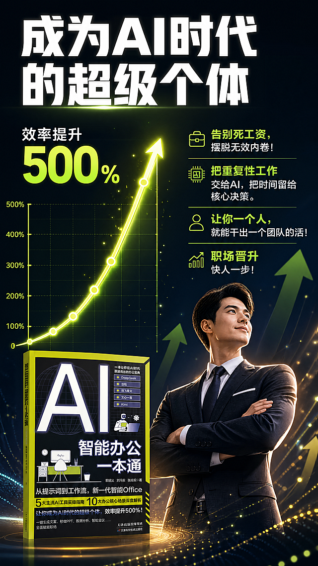 [商品] 使用【图1】《AI智能办公一本通》书籍；保留封面全部原貌；商品处理：去除桌面背景，缩小放在左下角。
[画面] 目标：卖点四，效率提升500%，打造超级个体概念。构图：竖版，上方标题，左侧向上的效率增长曲线图（从低到高陡峭上升，标注500%），右侧一个自信的职场人形象（西装、双臂交叉、自信微笑，代表超级个体），背景有向上箭头和数据粒子。阅读动线：标题→增长曲线→超级个体人物。前中后景：深色渐变背景 + 中部曲线和人物 + 前景数据粒子/箭头，3层以上视觉。
[视觉] 套系策略：风格=数据可视化风格详情页，激励感强；标题字=粗黑体；正文字=现代无衬线体；主色=深黑色；背景延展=深黑到深蓝渐变背景，带数据粒子上升效果；强调色=亮绿色 + 金色；标题色=白色；正文色=浅灰色；组件=增长曲线图、向上箭头、数据粒子、职场人商务插画；光影=曲线发光，人物侧光，激励感十足。
[文字] 顶部白色大标题：【成为AI时代的超级个体】；曲线旁醒目标注：效率提升500%；右侧文案：告别死工资，摆脱无效内卷！把重复性工作交给AI，把时间留给核心决策。让你一个人，就能干出一个团队的活！职场晋升快人一步！全部文字横向排版，重点数据用亮绿色放大突出。
[规格] 图片比例9:16竖版，4K分辨率，负向提示：避免变形、错字、文字过小、人物失真、曲线不清晰。
