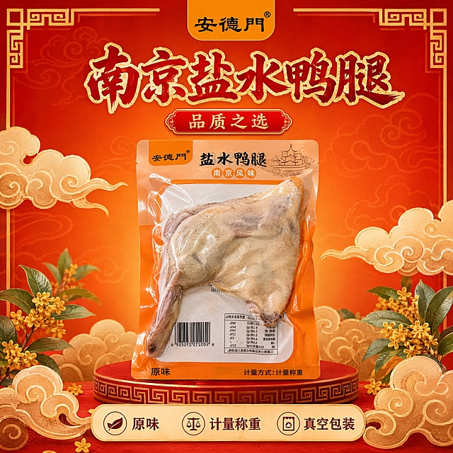 [商品] 使用【图1】安德门盐水鸭腿产品包装；保留完整包装形态、橙白配色、安德门商标、品名、南京风味字样；产品居中展示，占画面约50%，正面清晰朝向观众。
[画面] 品牌收尾促单页，1:1正方形，居中对称构图；主体安德门盐水鸭腿包装居中，周围环绕国潮祥云纹样、中式回纹边框、桂花装饰；背景暖橙到朱红渐变底色，带米金云纹暗纹；上方突出品牌商标，下方简洁规格信息；整体氛围喜庆有品质感，强化安德门品牌认知，促单收尾，不出现人物。
[视觉] 套系策略：风格=国潮电商风（中式纹样+现代商业摄影结合）；标题字=国潮书法粗体（带朱红印章感）；正文字=简洁宋体/黑体；主色=暖橙+朱红；背景延展=基于暖橙朱红做深浅渐变、国潮云纹暗纹、米金描边层次；强调色=米金色，仅用于小面积图标、引线、印章和装饰纹样；标题色=朱红+米金描边；正文色=深棕红；组件=圆角国潮信息卡、云纹分割线、印章式标签；光影=前上方暖柔光，产品立体有质感。
[文字] 上方大字体「安德门」品牌名+「南京盐水鸭腿」品名，中间印章式「品质之选」小标签，下方简洁规格信息「原味 计量称重 真空包装」3行短文字；文字均横排，层级分明，精简不杂乱。
[规格] 图片比例1:1，分辨率4K，quality=medium；避免人物出现、冷色调、百年/地道/传统/老字号/冷链运输/现做现发/礼盒装/顺丰发货/破损包赔/夸大宣传等禁用词、包装变形文字错乱、画面暗沉死气沉沉。