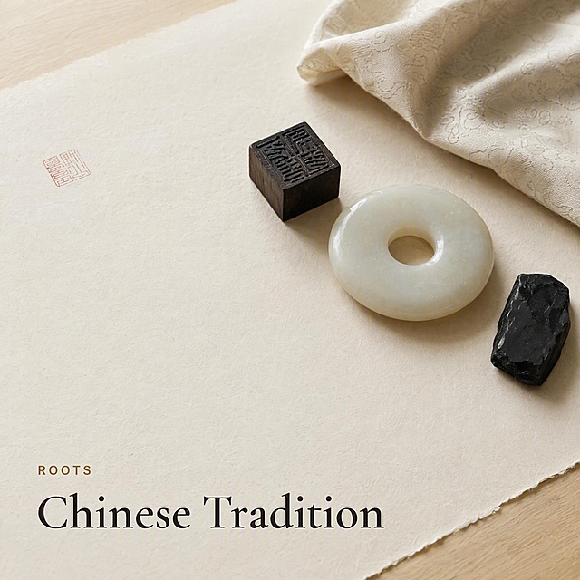 高端文化品牌静物摄影，800×800方形构图。暖米白色宣纸铺在浅木桌面上，画面中央偏右放一枚温润白玉玉璧，旁边放一枚深棕色木质方印、一小块黑色墨石、一段带有低调传统云纹的米白织物。宣纸角落有一个小型暗红色篆刻印章痕迹。共4件物品，构图克制，四周大量留白。左下约35%区域保持干净。柔和自然窗光，真实纹理，现代博物馆商店或国际文化品牌摄影风格，低饱和，高级质感。

文字排版严格如下：
主标题："Chinese Tradition"，字体Cormorant Garamond SemiBold，字号48px，颜色#2B241E，左对齐，距离左边55px，距离底部65px。
标题上方细小英文："ROOTS"，字体Inter Medium，全部大写，字号15px，字间距3px，颜色#A88655，位于主标题正上方。

禁止出现：灯笼、龙凤、大红背景、寺庙、佛像、古董堆、旅游纪念品风、道士、香炉、八卦、神秘烟雾、廉价中国风。