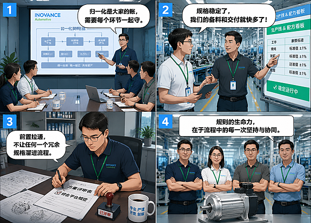 田字格四格漫画，2x2排列，高质量写实工业漫画风格，干净线条，赛璐璐上色，强烈明暗对比，电影级光影。人物比例写实，神情生动。工程师穿藏蓝色或白色POLO衫，左胸印有INOVANCE Automotive公司Logo，INOVANCE蓝色大字在上，Automotive绿色小字在下，左对齐排列。脖子挂绿色工牌挂绳。背景为真实办公和工厂环境，干净整洁，不出现模糊不清的小标志或乱码文字。桌上有白色马克杯，杯上印着“专业 严谨 开放 创新”。主角邓工：戴眼镜，藏蓝色POLO衫，绿色工牌绳。主题：机制与协同。左上第一格：研发中心会议室，邓工站在台前宣贯SKU规则，身后大屏幕显示着归一化架构图，屏幕顶部有INOVANCE Automotive Logo左对齐。台下坐着研发、采购、质量、工艺等各职能代表，都穿POLO衫戴绿色工牌，认真记录。对话气泡大字：“归一化是大家的账，需要每个环节一起守。”左上角蓝色方块白字标“1”。右上第二格：采购员（白色POLO衫，绿色工牌绳）与供应商代表在工厂车间交流，供应商指着稳定的生产线和配方看板，神情满意。背景是整齐的生产设备。供应商对话气泡大字：“规格稳定了，我们的备料和交付就快多了！”左上角标“2”。左下第三格：方案评审现场，邓工坐在评审桌前，在审核表上认真勾选“符合平台规范”，桌上摆放着图纸和印章。对话气泡大字：“前置拉通，不让任何一个冗余规格溜进流程。”左上角标“3”。右下第四格：研发、采购、质量、工艺四位工程师（分别穿不同深浅的POLO衫，都戴绿色工牌绳，左胸都有INOVANCE Automotive Logo左对齐）并肩站在一个标准化的电机产品前，神情自信，团队感强。旁白框大字：“规则的生命力，在于流程中的每一次坚持与协同。”左上角标“4”。整体深蓝+绿色+灰白配色，专业工业漫画质感，画面干净清晰，所有文字清晰可读。
