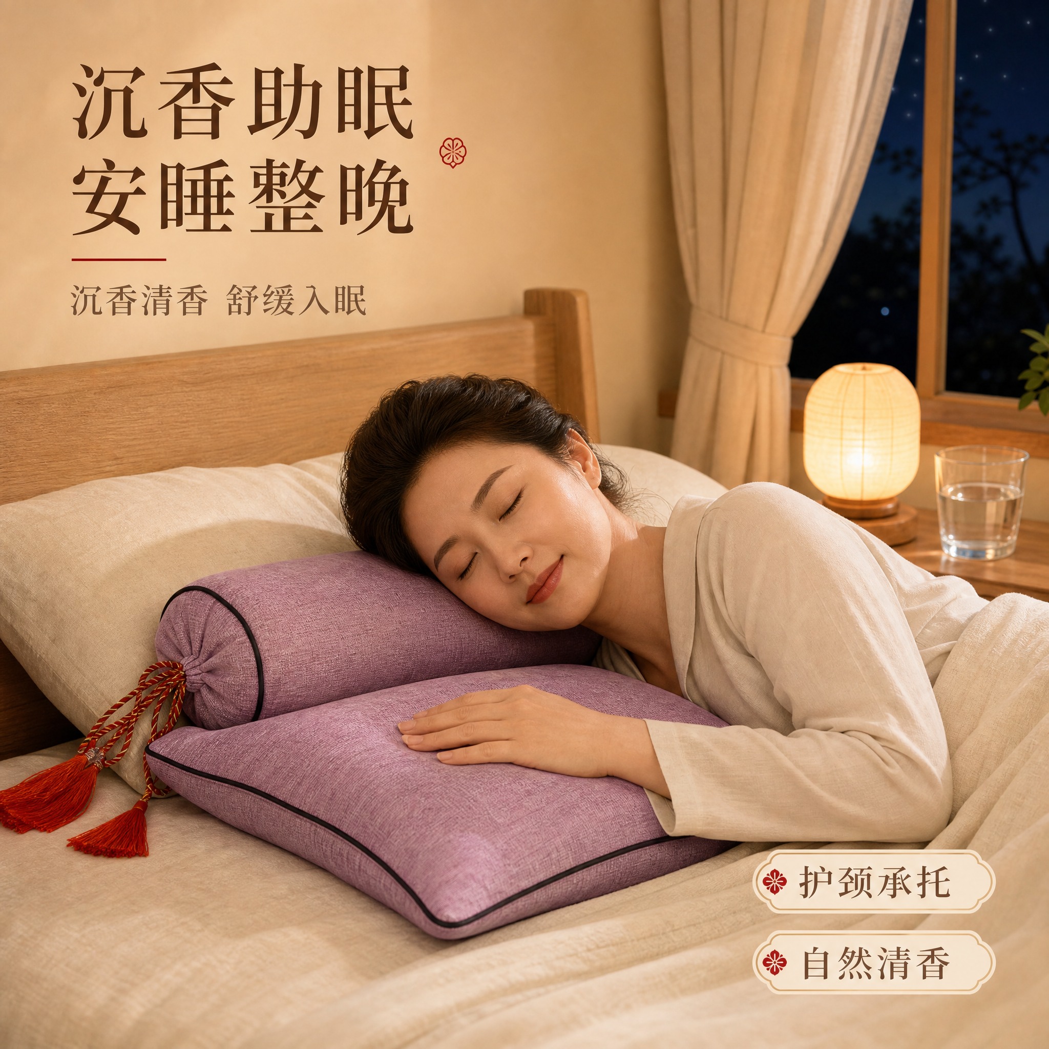 [场景人物-睡觉使用] 沉香勾丝料枕头卧室睡觉使用场景，突出助… - 图片创意预览