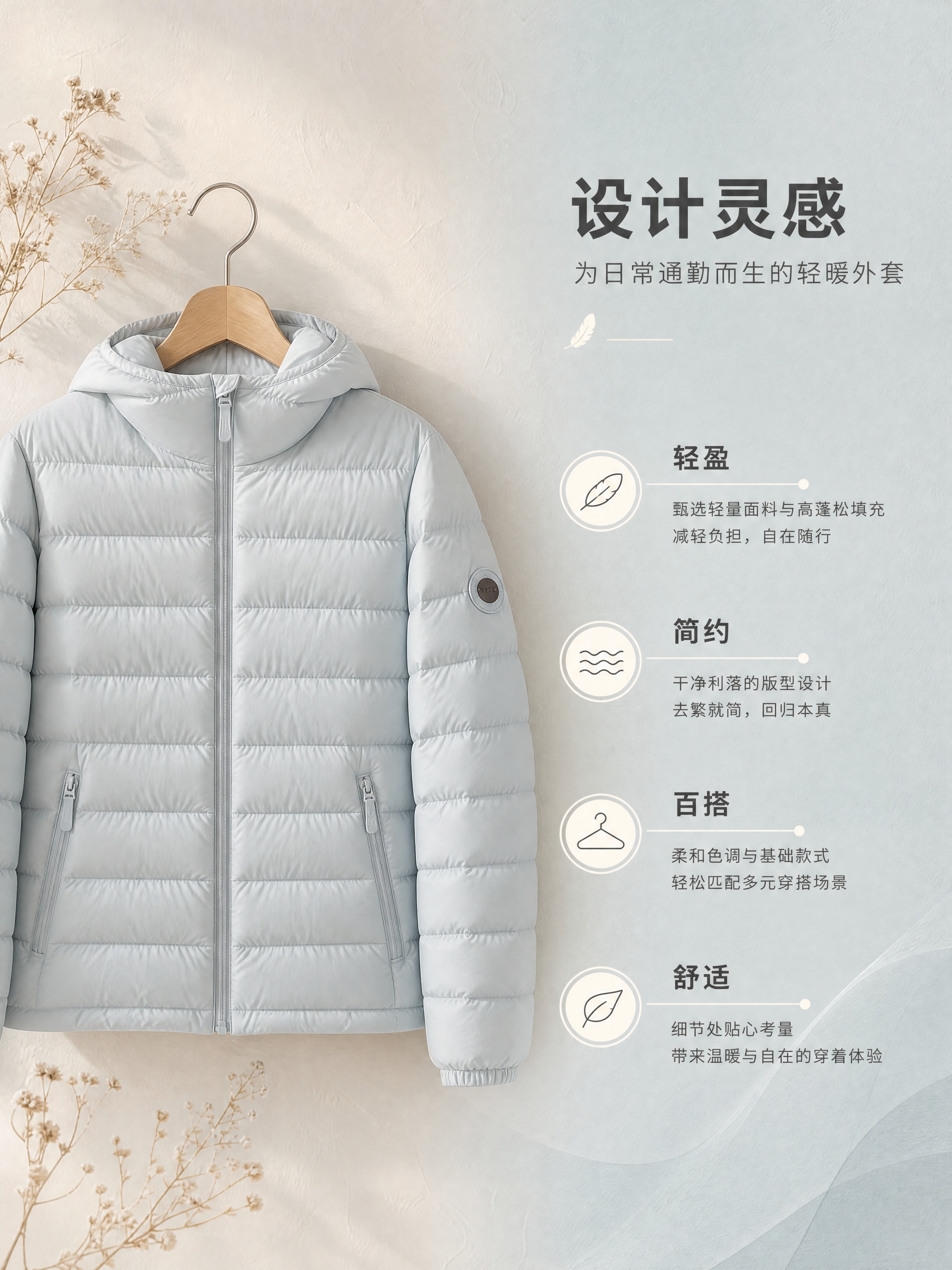 [商品] 使用【图1】浅蓝连帽轻薄羽绒服；商品处理：保留连帽、… - 图片创意预览