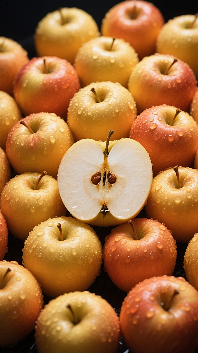 高写实摄影风格，以金黄色和橙色渐变为主色调的苹果群，整体构图为紧密排列的圆形布局，中央放置一个横向切开的苹果，露出白色果肉和棕色果核，所有苹果表面覆盖着晶莹的水珠，呈现出湿润的光泽感，光影效果为侧上方柔和光源，形成自然的明暗对比和高光反射，背景为深色，突出主体水果的鲜艳色彩和细腻质感，水果的形态饱满，果皮纹理清晰可见，整体氛围清新诱人，具有强烈的视觉冲击力和真实的质感表现。