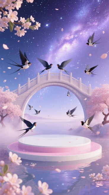 银河鹊桥悬浮于蓝紫色星空，鹊桥前面有一个梦幻粉白色圆形展台，喜鹊飞舞，柔光粒子、桂花飘散。预览效果