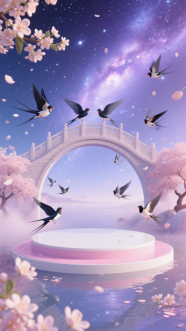 梦幻3D风格，唯美景致，清新桂花与飞鸟，超现实主义桥景，营造七夕浪漫氛围。