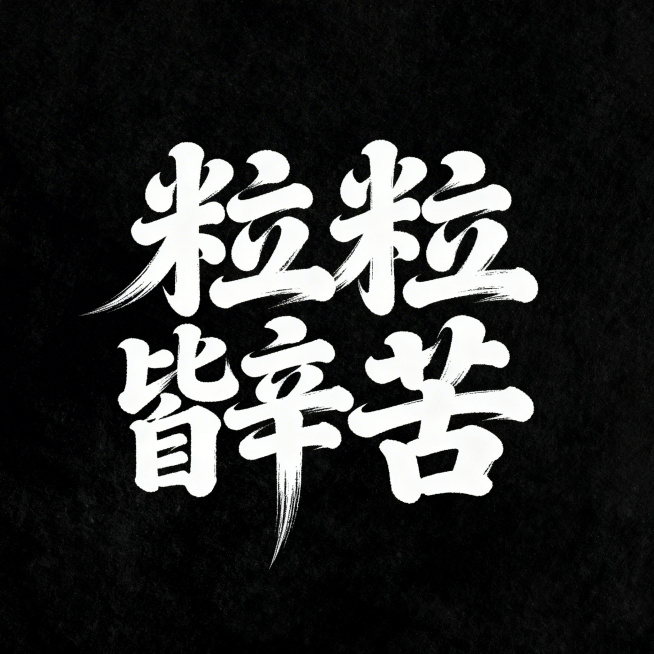 黑底白字，白色秀丽笔手写"粒粒皆辛苦"，笔画粗细对比强烈，起笔粗重收笔细尖，带有飞白效果，文字圆润饱满，居中紧凑排列，字体动感，上紧下松预览效果
