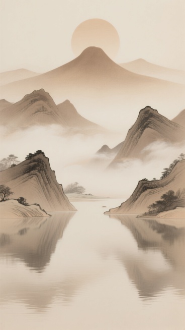 中国传统水墨风格山水画，浅米色与淡棕色为主色调，柔和的渐变过渡，山顶圆润的远山与近景棱角分明的山峦形成对比，山腰间萦绕着轻盈飘逸的云雾，平静的湖面倒映着山体轮廓，整体线条简洁流畅，留白充足，营造出宁静悠远、淡泊空灵的意境，画面层次分明，视觉焦点集中于中央对称分布的山水景观，呈现出东方美学特有的禅意与雅致。预览效果