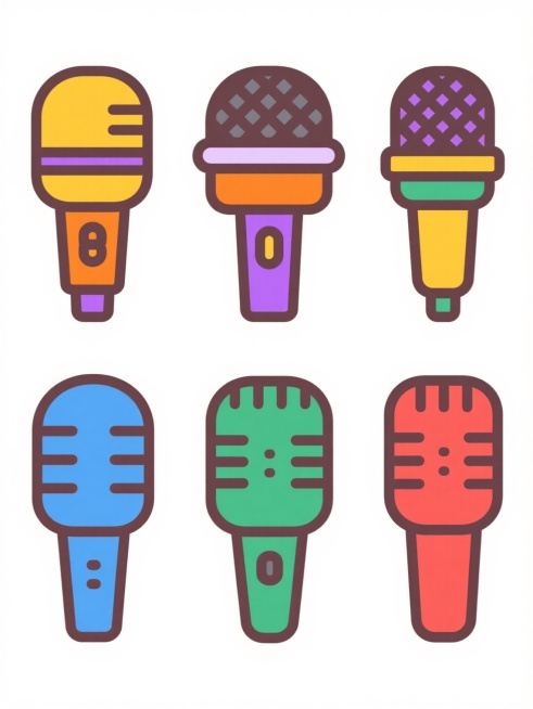 六个不同配色（如黄色、紫色、橙色、蓝色、绿色、红色）的卡通风格话筒图标，每个话筒拥有独特的细节样式（如不同的网头形状、握柄纹路或装饰元素），均保持圆润的线条、简洁的几何形状和扁平化设计风格，整体排列整齐（呈水平或网格状），背景为纯白色，无任何其他元素干扰，色彩鲜明且和谐，符合现代图标设计的简洁与识别性要求。预览效果