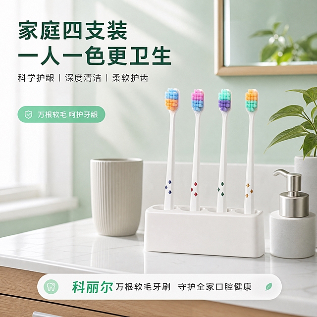 [主图-4] 真实使用场景图，展示牙刷在家庭浴室中的使用场景，增强代入感。
[统一基调] 整体风格为洁净专业、清爽通透的品质感；背景主色为浅薄荷绿渐变至白色，干净明亮；标题字色为深湖绿，辅助字色为深灰色，强调色为薄荷绿；字体为现代无衬线粗体，字号层级分明；卡片与图标采用圆角轻量设计，整体通透不厚重。
[画面] 真实家庭浴室洗漱台场景，干净明亮的北欧风浴室，白色洗手台搭配浅木色柜体；洗手台上摆放着四支科丽尔万根软毛牙刷，插在一个简约白色牙刷架中，四色整齐排列（深蓝、酒红、墨绿、金色尾盖），对应家庭四人使用；旁边有漱口杯、少量绿植点缀；自然光从侧面窗户照入，氛围温馨洁净；产品保持原图外观特征，颜色准确；画面为场景沉浸型，产品作为场景核心元素。
[光影质感] 自然光摄影质感，柔和的窗边自然光，物体有自然投影，浴室台面有轻微反光；整体明亮通透，有生活气息但不杂乱。
[配色] 场景以白色、浅木色、浅绿为主色调，温馨洁净；产品颜色保持原图准确，四色尾盖清晰可辨；整体色调统一在洁净清爽的氛围中。
[文字版式] 左上角小标："家庭四支装 一人一色更卫生"；底部一行短文案："科丽尔万根软毛牙刷 守护全家口腔健康"；文字量少而精，不破坏场景沉浸感；字体保持统一无衬线风格。
[输出要求] 比例1:1，2048*2048，场景真实自然，产品清晰可辨，颜色准确；负向：禁止变形、错字、模糊、人物面部、杂乱背景、水印、平台Logo、产品悬浮。