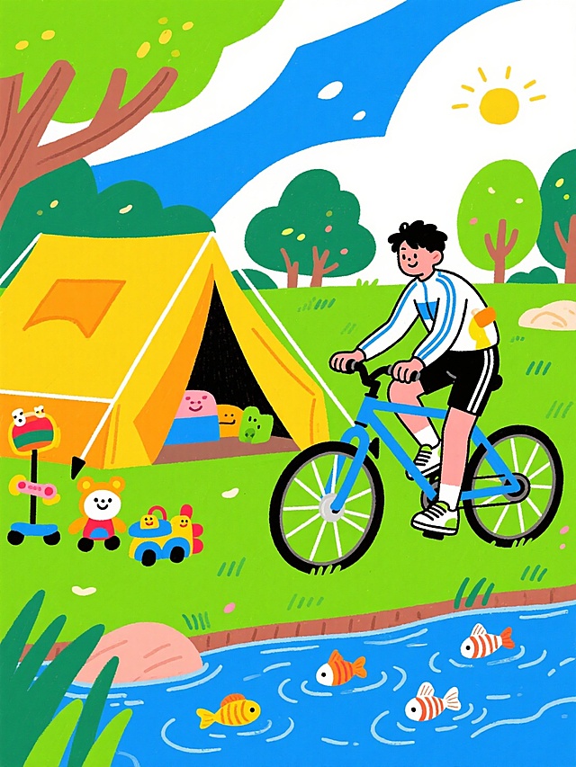清新插画风，卡通拟人角色，帐篷旁骑车少年，营造欢乐露营氛围。