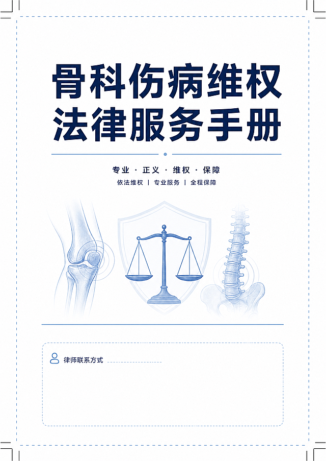 [第1页封面] 骨科伤病维权法律服务手册封面，A5尺寸，正规法律专业手册风格，简洁专业，蓝白为主色调，无花哨元素。页面顶部放置主标题“骨科伤病维权法律服务手册”，黑色加粗黑体，页面底部预留律师联系方式空白区域。整体页面四边留出血位，印刷标准CMYK模式，300DPI，文字排版简洁层级清晰，留白充足。配色为浅白背景，深蓝色文字，浅蓝色分割线，没有多余装饰元素。