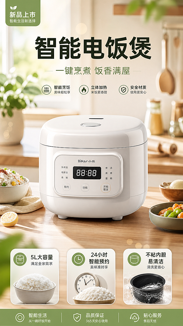现代简约家居风格电饭煲商品海报，写实商业摄影质感。画面主体是一台精致的白色智能电饭煲，位于画面中下部，电饭煲外观圆润光滑，带有数字显示屏和操作按钮，材质细腻有光泽。电饭煲放置在浅木色厨房台面上，背景是温馨的现代厨房场景，柔和的自然光从侧前方照射，营造温暖舒适的氛围。画面上方是主标题大字"智能电饭煲"，副标题"一键烹煮 饭香满屋"，字体简洁现代。画面中下部电饭煲周围分布三个卖点标签："5L大容量"、"24小时智能预约"、"不粘内胆 易清洁"，标签采用圆角矩形设计，配色清新。左上角有"新品上市"小标签，整体排版精美，层次分明，留白舒适。背景有轻微虚化的厨房元素和绿植点缀，前景点缀柔和光斑，整体色调以暖白、浅木色和淡绿色为主，干净温馨。画面中所有信息区域必须填充完整合理的内容，不得出现空白框或待填写区域。商品主体占比约60%，文字不遮挡主体。