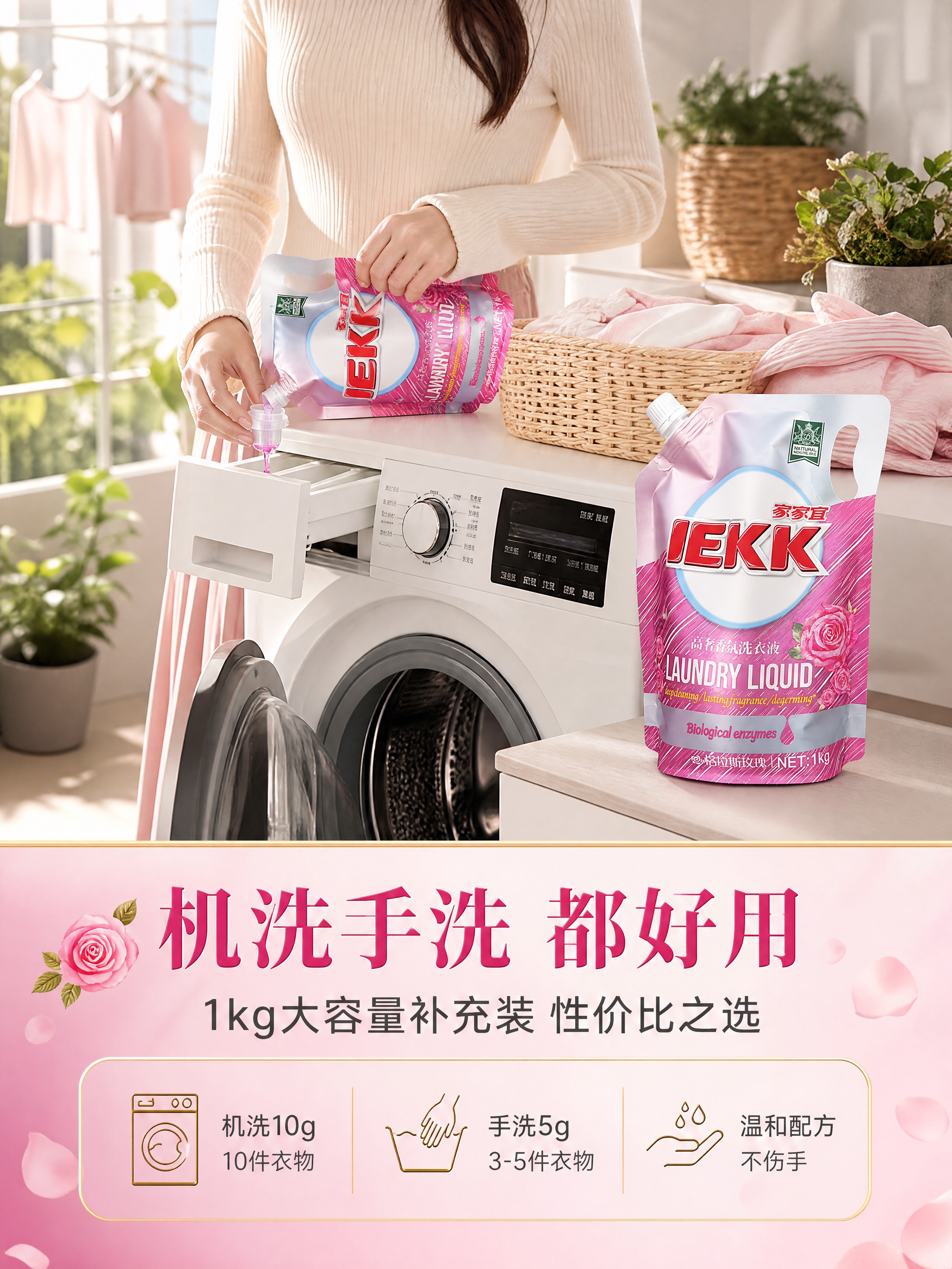 [商品] 使用【图1】家家宜高奢香氛洗衣液1kg自立吸嘴袋；保… - 图片创意预览