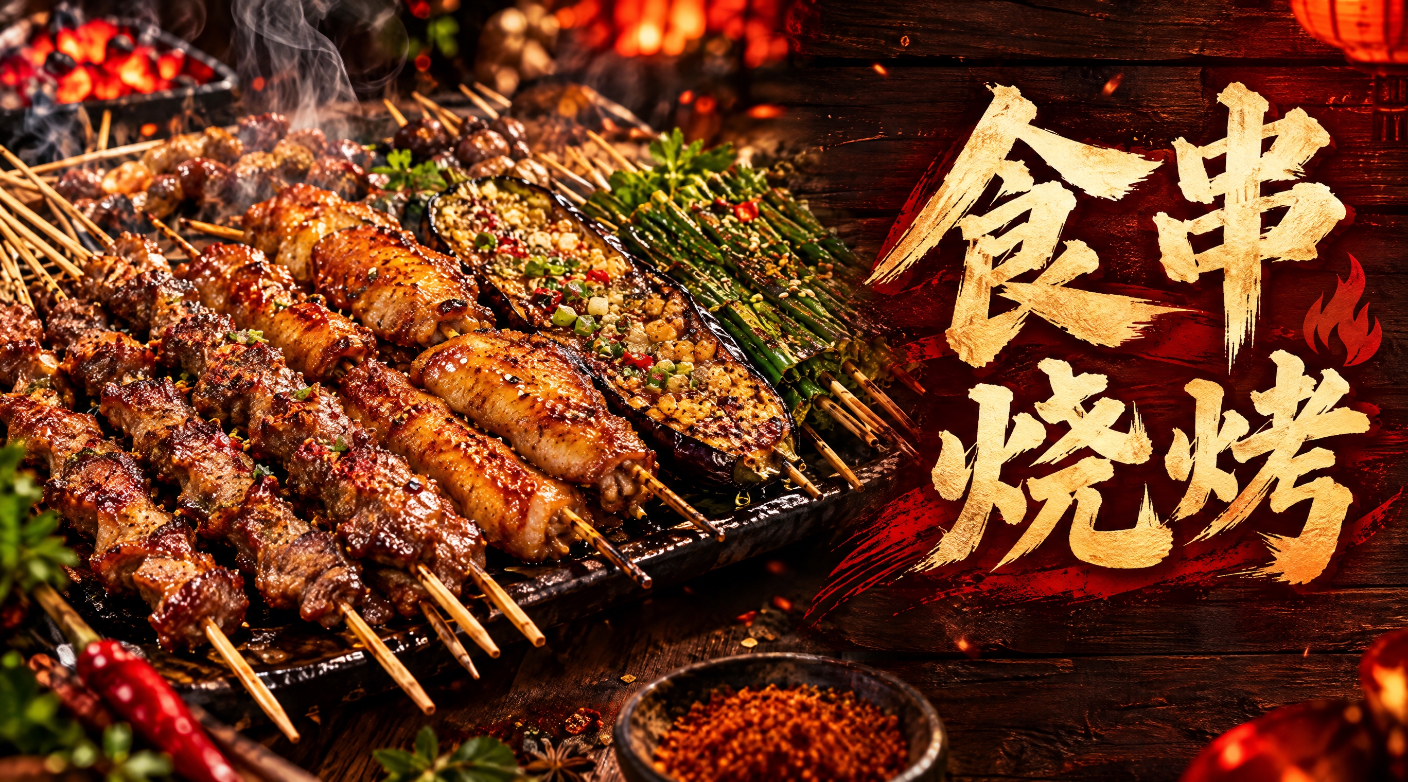 烧烤店店招设计，店名"食串烧烤"，写实风格有食欲感，画面左侧是… - 图片创意预览
