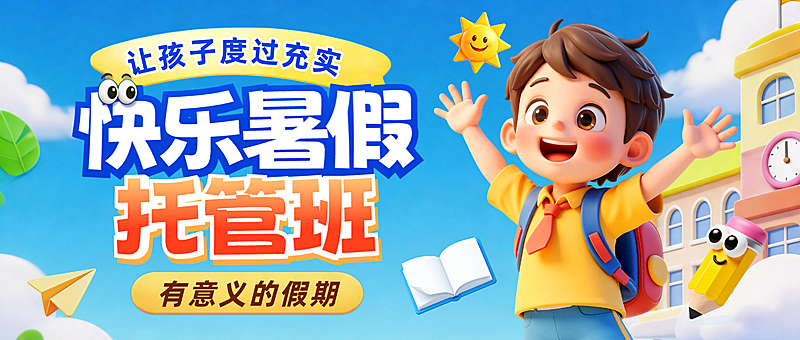 暑假K12教育托管班招生引流卡通风公众号首图