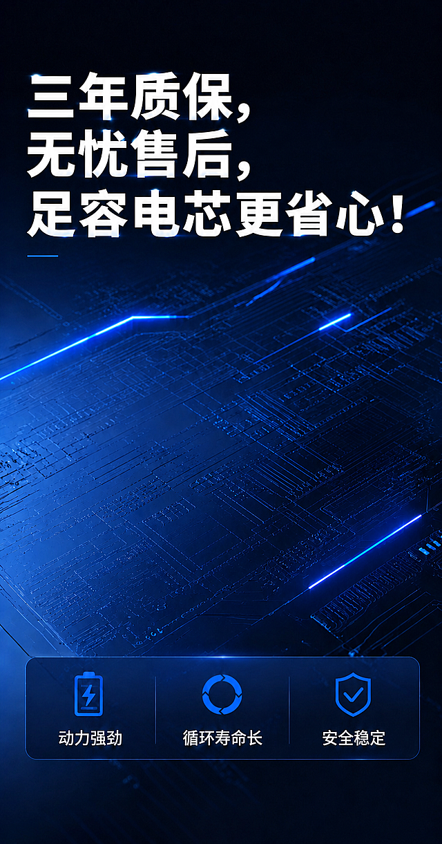 把图中上方标题文字改成“三年质保，无忧售后，足容电芯更省心！”，保持原文字风格不变，深蓝色科技电路板背景，底部保留三个图标和蓝色面板，整体风格为科技风蓝色调不变
