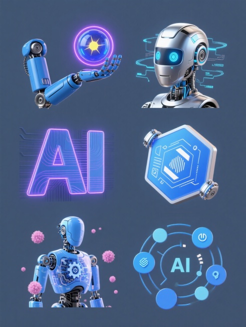 纯色背景下，保持3D渲染风格，具有金属质感的机器人元素和科技感的系列素材集合。画面呈现规整排布的6个完全不同的AI科技元素：1. 蓝色金属质感机器人手臂托举着带有紫色光环的蓝色能量球体，球体中心有黄色光芒；2. 银色机械结构的机器人头部，眼部发出蓝色光芒，头部周围环绕着数据流动的线条；3. 由蓝色和紫色线条构成的抽象AI字样，字体边缘有发光效果，背景有细微的电路纹理；4. 悬浮的蓝色六边形科技……预览效果