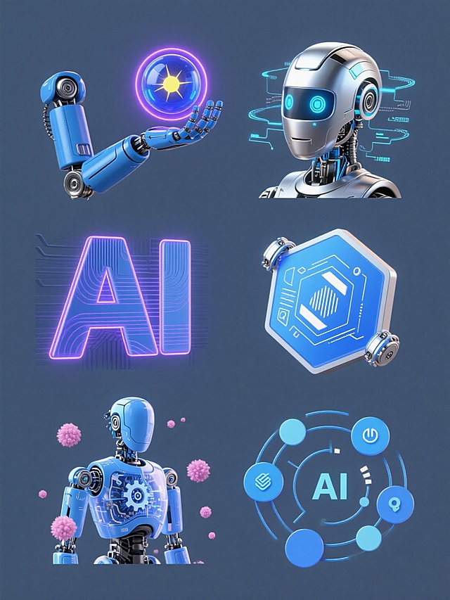 纯色背景下，保持3D渲染风格，具有金属质感的机器人元素和科技感的系列素材集合。画面呈现规整排布的6个完全不同的AI科技元素：1. 蓝色金属质感机器人手臂托举着带有紫色光环的蓝色能量球体，球体中心有黄色光芒；2. 银色机械结构的机器人头部，眼部发出蓝色光芒，头部周围环绕着数据流动的线条；3. 由蓝色和紫色线条构成的抽象AI字样，字体边缘有发光效果，背景有细微的电路纹理；4. 悬浮的蓝色六边形科技面板，面板上有白色的数据流和图标，周围有小型的机械零件环绕；5. 半透明的蓝色机器人身体，内部可见复杂的齿轮和线路结构，身体周围有粉色的粒子漂浮；6. 由多个蓝色圆形和线条组成的科技感图案，圆形内部有不同的AI相关符号，整体呈现出对称的几何美感。每个元素都具有光滑的金属表面、细腻的光影过渡、明亮的高光和柔和的阴影，营造出未来科技的氛围，整体画面清晰、简洁，科技感十足。