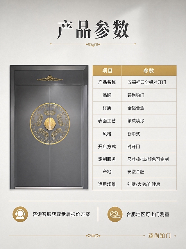 [商品] 使用【图1】五福祥云全铝对开门；保留双开门结构、暗灰色门体、中心圆形鎏金五福祥云浮雕、整体比例和材质质感；去除原图工厂背景和杂物，产品缩小放在参数表旁。
[画面] 页面目标：规格参数收口，最后一张，汇总产品核心参数和服务信息。构图：左侧产品正面图（缩小，占画面约35%），右侧参数表格。底部为服务信息和品牌落款。背景为干净的浅灰色。阅读动线：从左到右，先看产品再读参数。
[视觉] 套系策略：风格=新中式高端大宅商业摄影风；标题字=大气宋体加粗新中式字体；正文字=简洁黑体；主色=深灰+鎏金；背景延展=浅灰到白色干净背景；强调色=鎏金色，用于表头和重点参数；标题色=深灰色；正文色=深灰色/中灰色；组件=简洁参数表格、细线分隔、表头鎏金底白字；光影=均匀明亮布光，产品清晰，表格清晰易读。
[文字] 顶部主标题：「产品参数」，深灰色大字号。参数表包含：产品名称「五福祥云全铝对开门」、品牌「臻尚铂门」、材质「全铝合金」、表面工艺「氟碳喷涂」、风格「新中式」、开启方式「对开门」、定制服务「尺寸/款式/颜色可定制」、产地「安徽合肥」、适用场景「别墅/大宅/自建房」。底部服务信息：「咨询客服获取专属报价方案」「合肥地区可上门测量」。右下角品牌名「臻尚铂门」金色小字。
[规格] 图片比例3:4竖版，2K分辨率，负向：禁止变形、错字、模糊、参数虚假、平台Logo、绝对化用语。